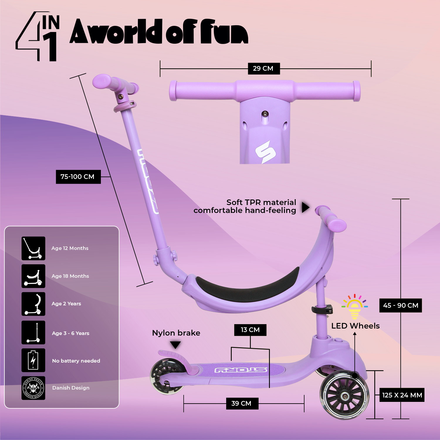 Story 4IN1 LED Kids scooter a 3 ruote