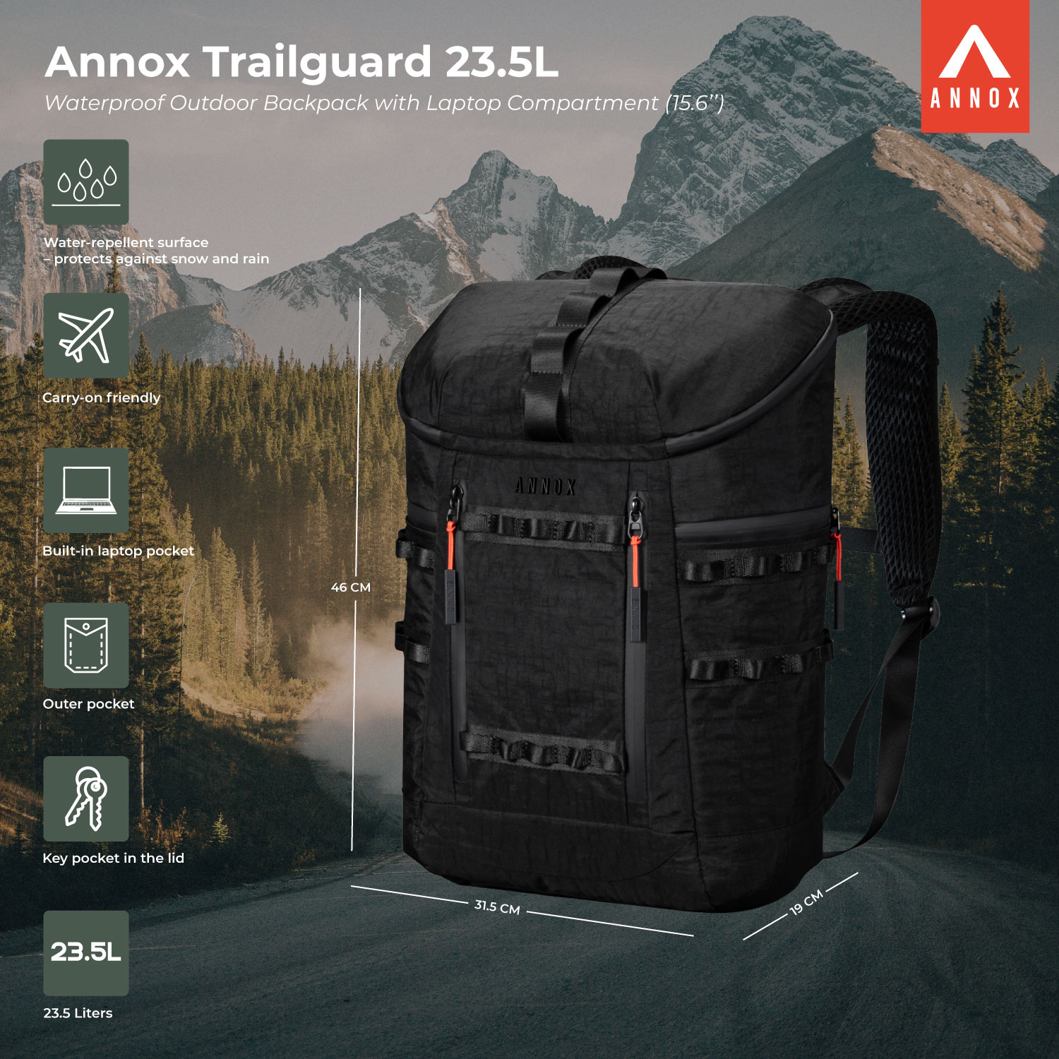 Annox Trailguard 23.5L - Zaino da trekking impermeabile con compartimento per laptop (15.6”)