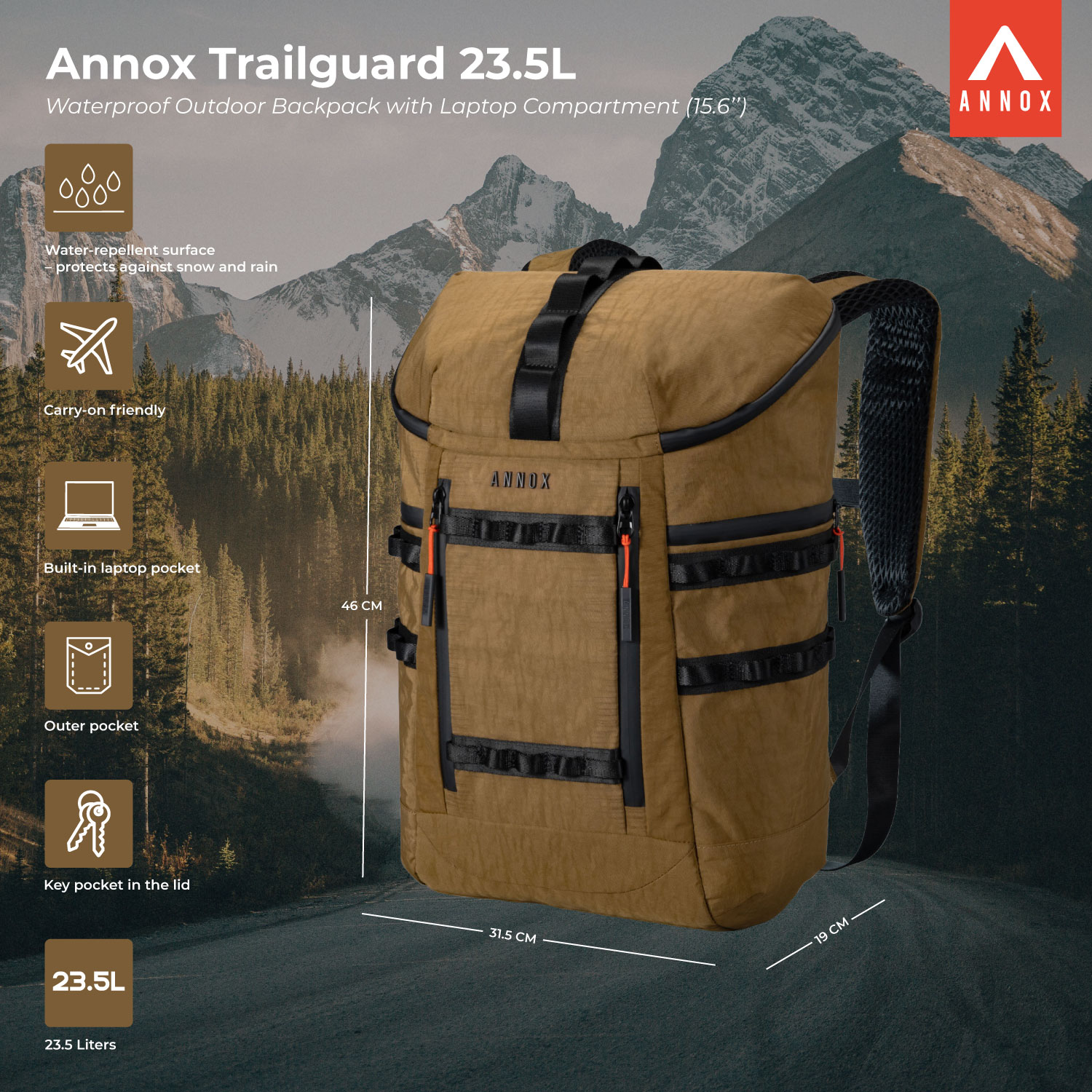 Annox Trailguard 23.5L - Zaino da trekking impermeabile con compartimento per laptop (15.6”)