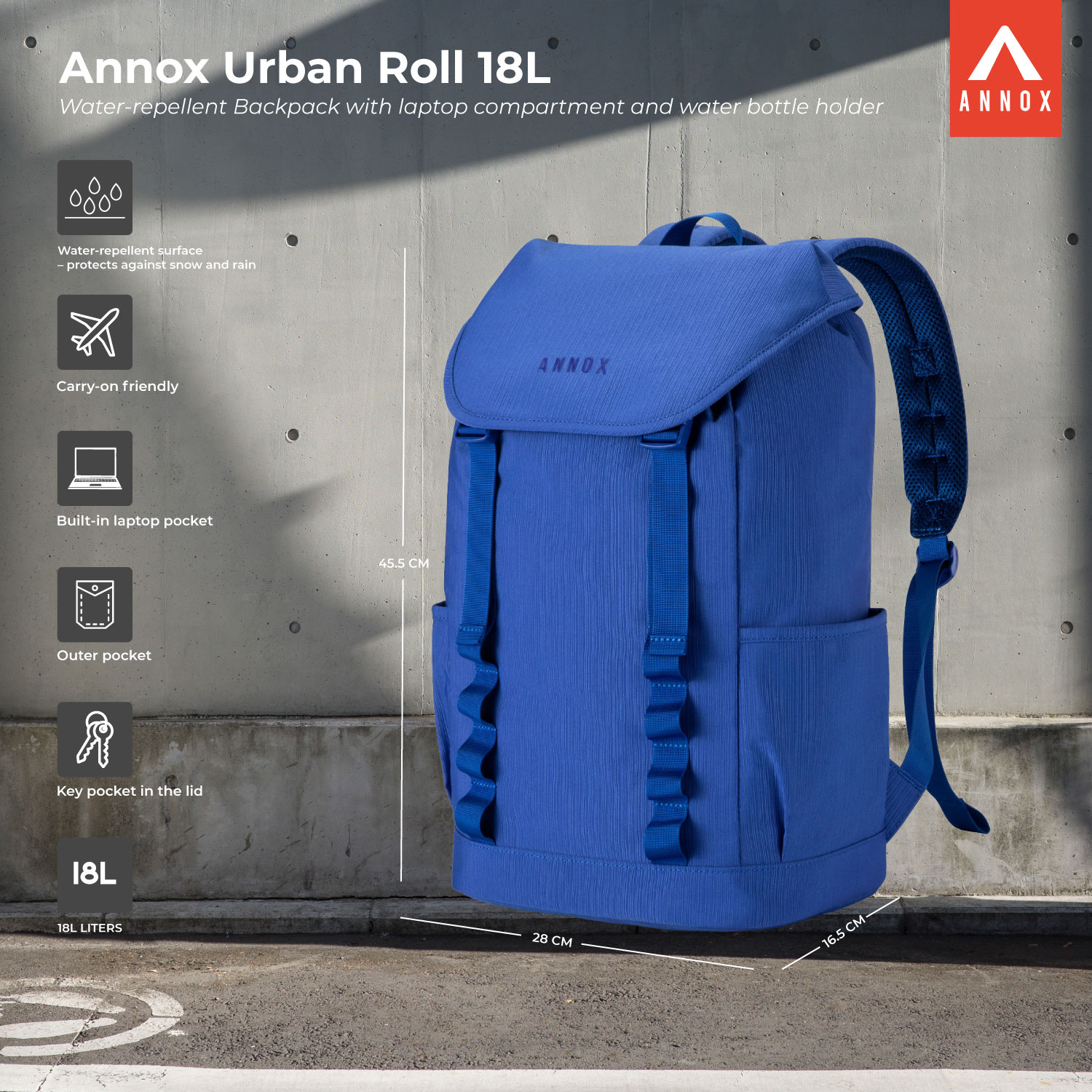 Zaino Annox Urban Roll 18L - Zaino resistente all'acqua con scomparto per laptop e portabottiglie