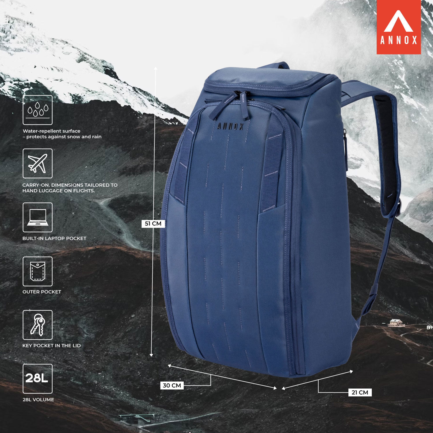 Zaino Annox Vault 28L - Zaino resistente all'acqua per sci, sport e viaggi