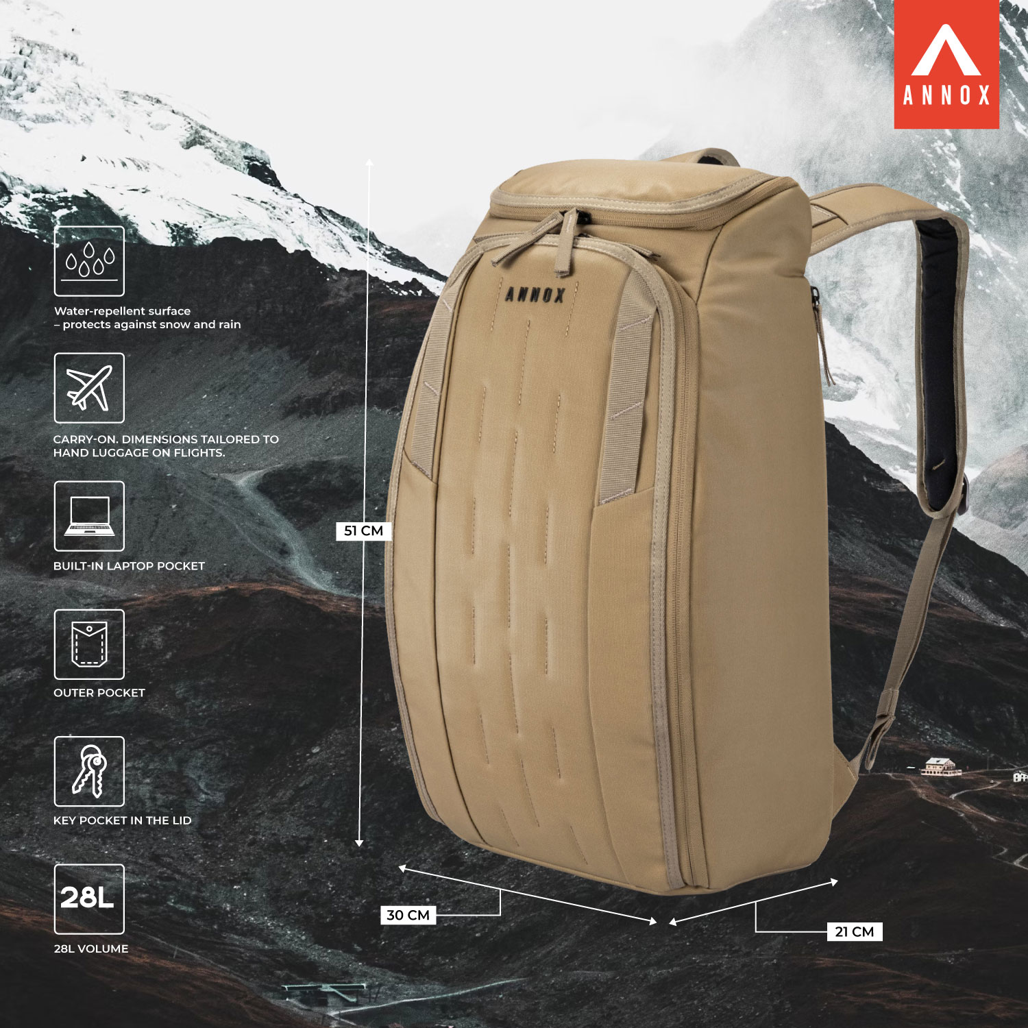 Zaino Annox Vault 28L - Zaino resistente all'acqua per sci, sport e viaggi